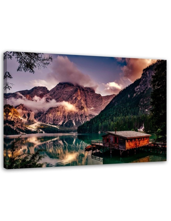 Modernes Wandbild - Hütte an einem Bergsee | Feeby
