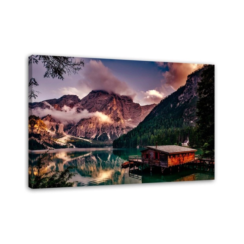 Modernes Wandbild - Hütte an einem Bergsee | Feeby