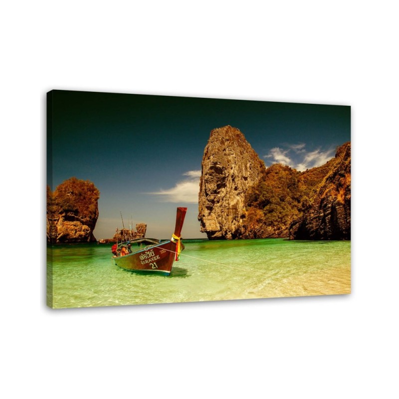 Modernes Wandbild - Buntes Boot am Meeresufer | Feeby