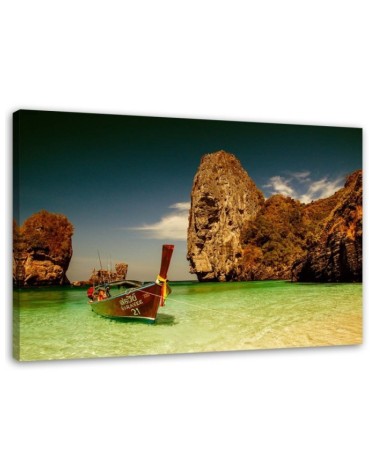 Modernes Wandbild - Buntes Boot am Meeresufer | Feeby