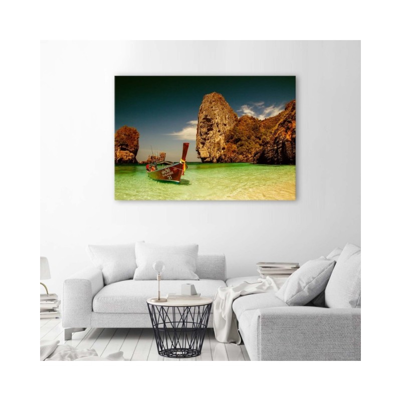 Modernes Wandbild - Buntes Boot am Meeresufer | Feeby