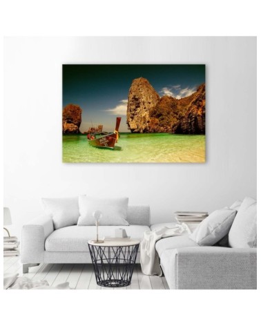 Modernes Wandbild - Buntes Boot am Meeresufer | Feeby