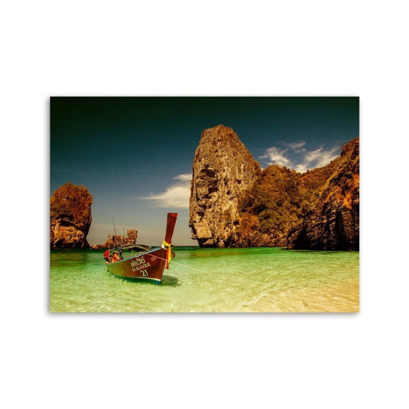 Modernes Wandbild - Buntes Boot am Meeresufer | Feeby