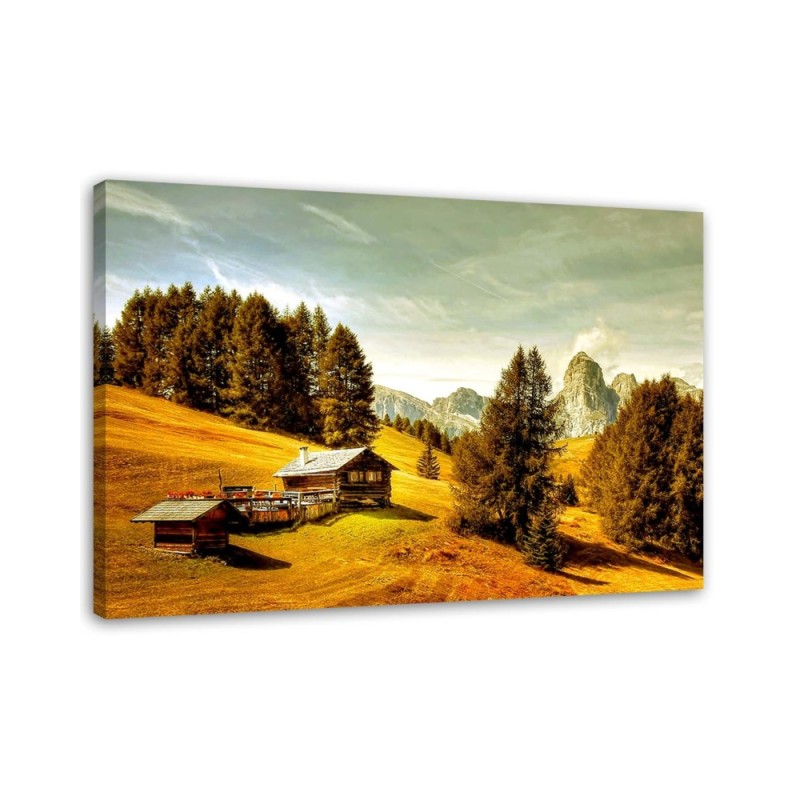 Wandbild für Wohnzimmer - Hütte in den Bergen | Feeby