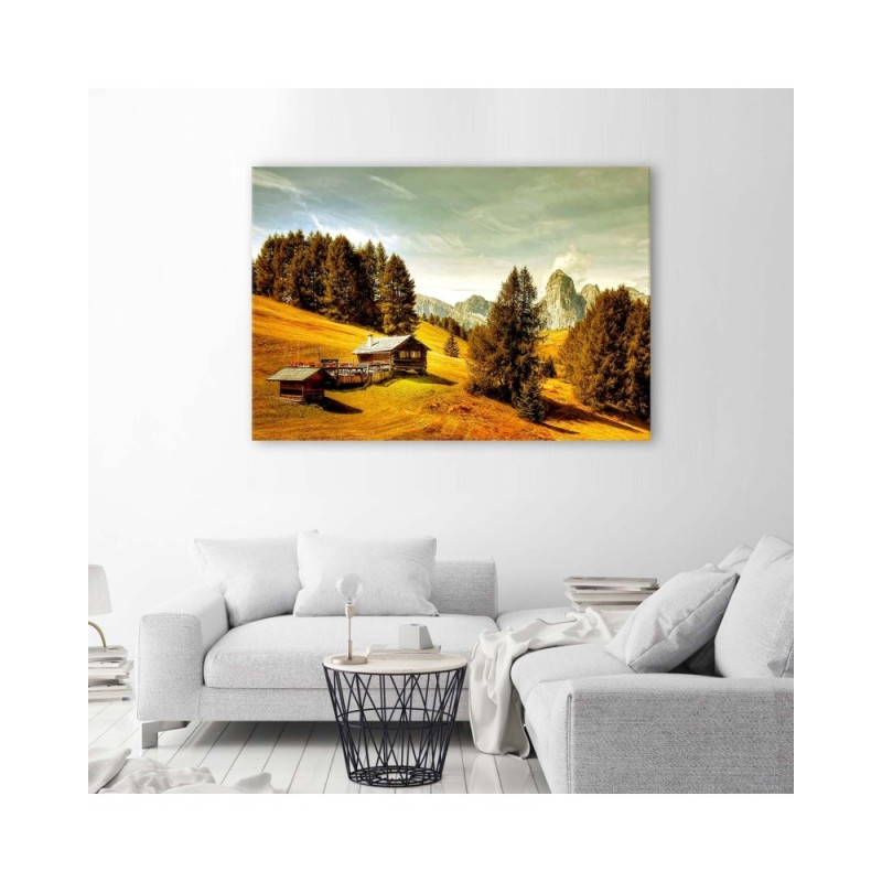 Wandbild für Wohnzimmer - Hütte in den Bergen | Feeby