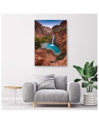 Modernes Wandbild - Blauer Wasserfall zwischen den Felsen | Feeby
