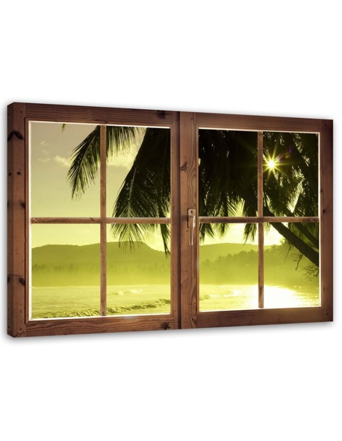 Leinwandbild - Fenster - Meer und Palme | Feeby