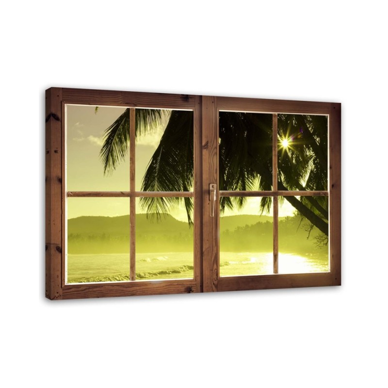 Leinwandbild - Fenster - Meer und Palme | Feeby