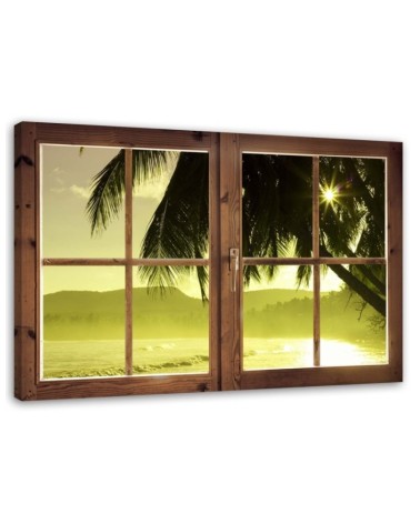 Leinwandbild - Fenster - Meer und Palme | Feeby