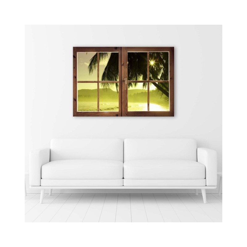 Leinwandbild - Fenster - Meer und Palme | Feeby