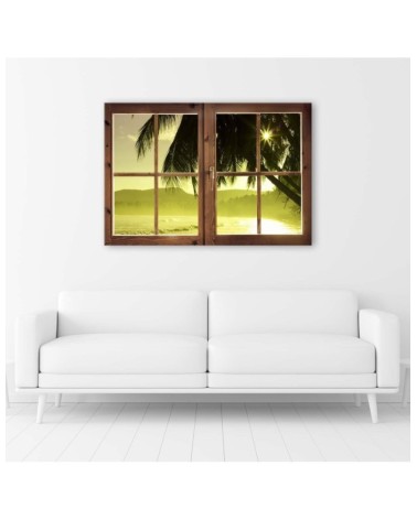Leinwandbild - Fenster - Meer und Palme | Feeby