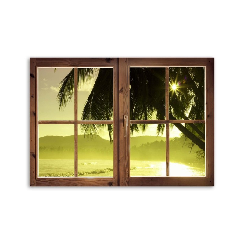 Leinwandbild - Fenster - Meer und Palme | Feeby