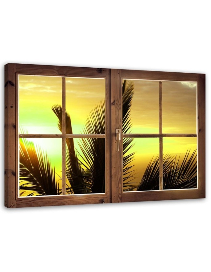 Leinwandbild - Fenster - Blick auf Palmblätter | Feeby