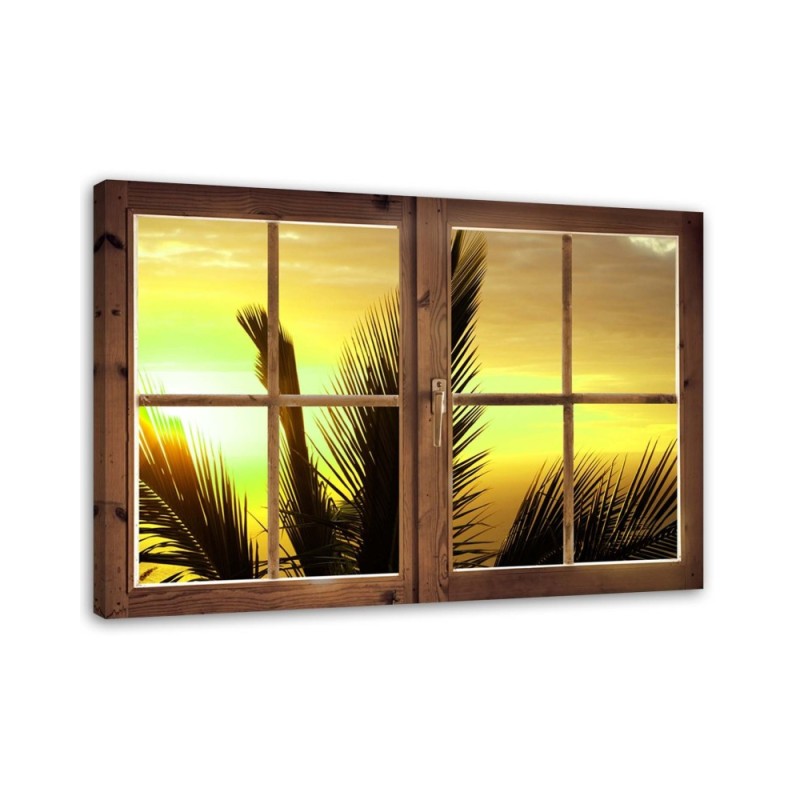 Leinwandbild - Fenster - Blick auf Palmblätter | Feeby