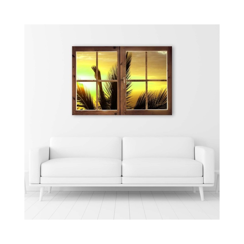 Leinwandbild - Fenster - Blick auf Palmblätter | Feeby