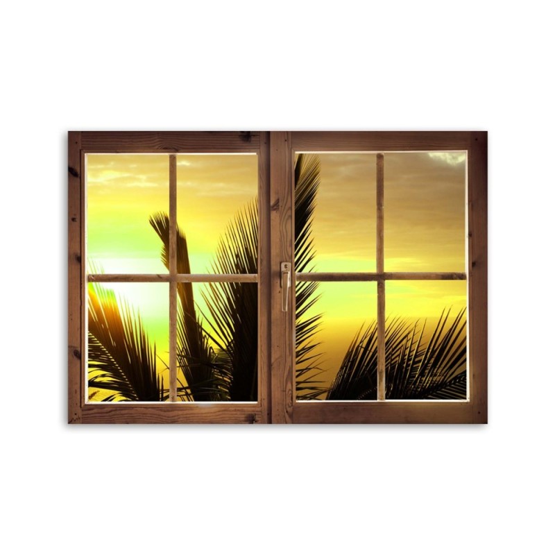 Leinwandbild - Fenster - Blick auf Palmblätter | Feeby