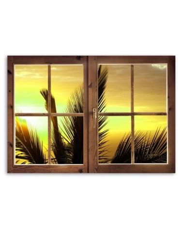 Leinwandbild - Fenster - Blick auf Palmblätter | Feeby