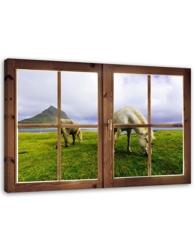 Leinwanddruck - Fenster - Blick auf Pferde | Feeby