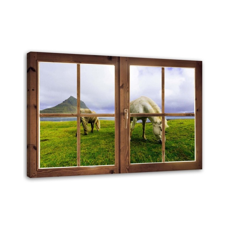 Leinwanddruck - Fenster - Blick auf Pferde | Feeby