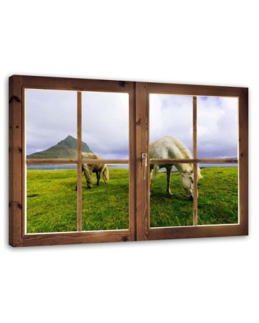 Leinwanddruck - Fenster - Blick auf Pferde | Feeby