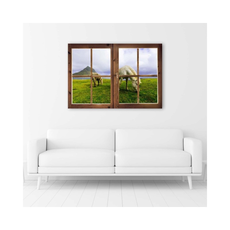 Leinwanddruck - Fenster - Blick auf Pferde | Feeby