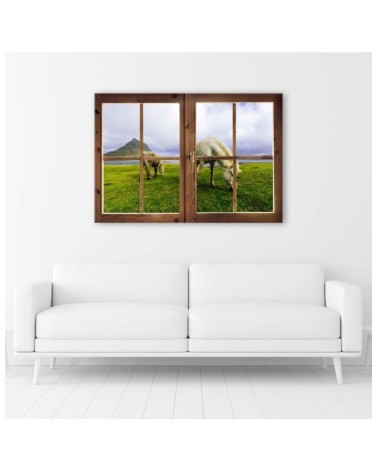 Leinwanddruck - Fenster - Blick auf Pferde | Feeby