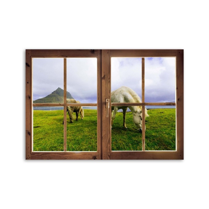 Leinwanddruck - Fenster - Blick auf Pferde | Feeby