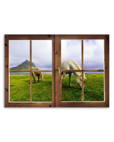 Leinwanddruck - Fenster - Blick auf Pferde | Feeby