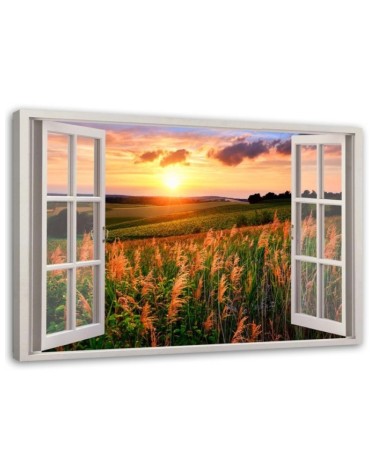 Bild auf Leinwand - Fenster - Blick auf ein Blumenfeld | Feeby