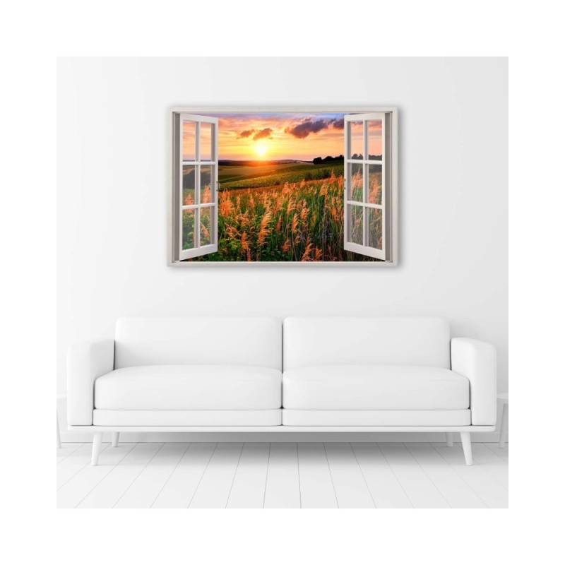 Bild auf Leinwand - Fenster - Blick auf ein Blumenfeld | Feeby
