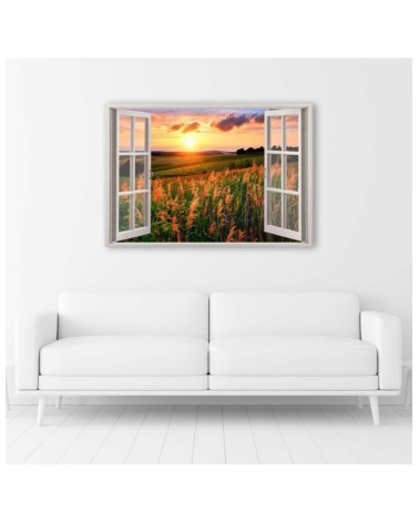 Bild auf Leinwand - Fenster - Blick auf ein Blumenfeld | Feeby