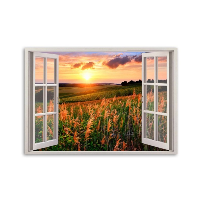 Bild auf Leinwand - Fenster - Blick auf ein Blumenfeld | Feeby