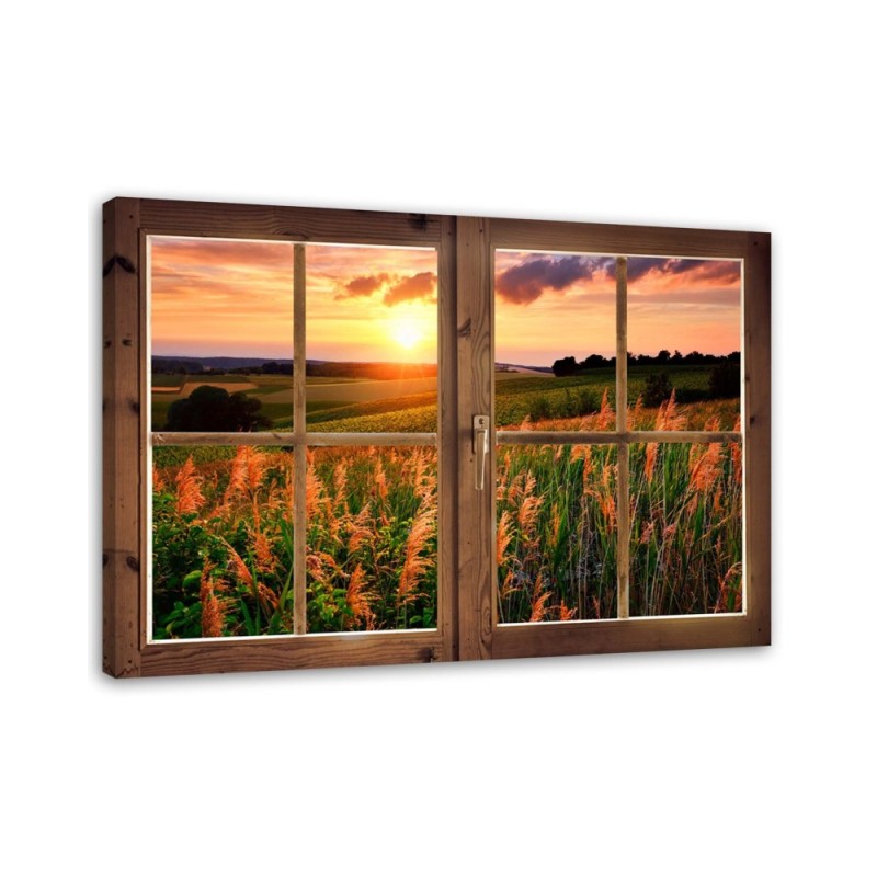 Leinwandbild - Fenster - Blick auf eine Wiese | Feeby
