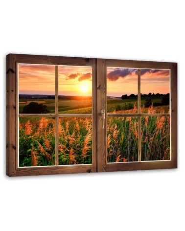 Leinwandbild - Fenster - Blick auf eine Wiese | Feeby