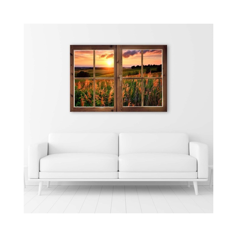 Leinwandbild - Fenster - Blick auf eine Wiese | Feeby