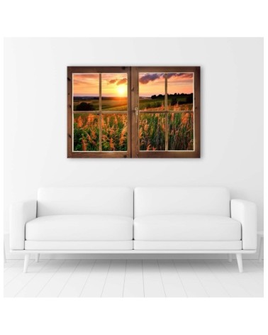 Leinwandbild - Fenster - Blick auf eine Wiese | Feeby