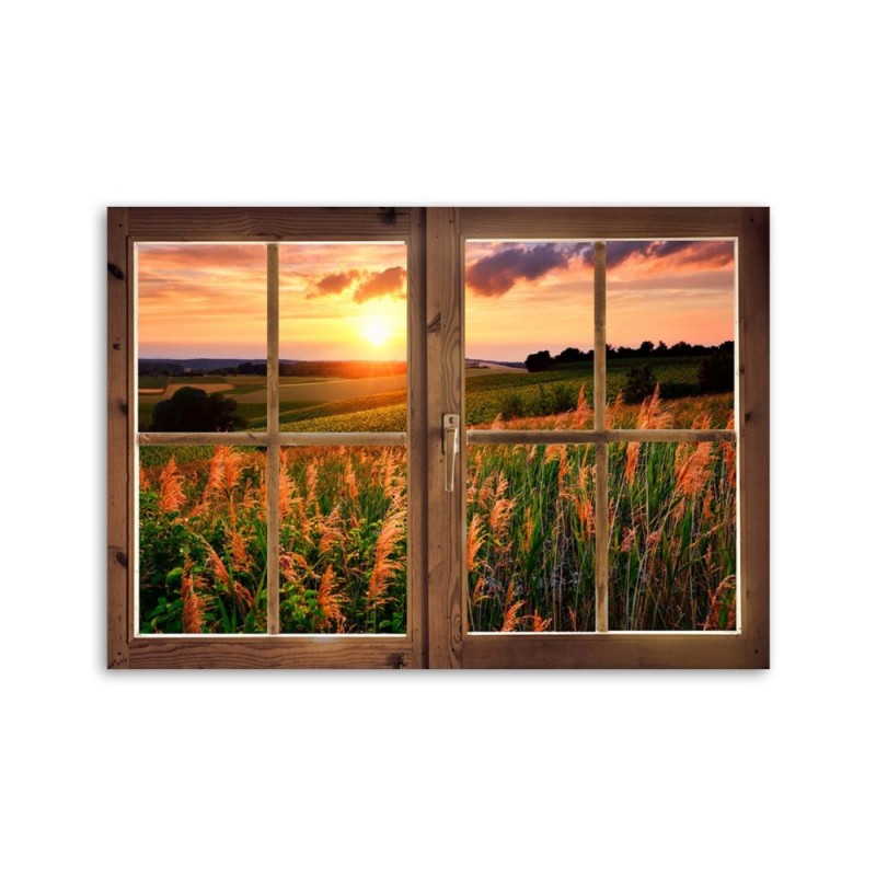 Leinwandbild - Fenster - Blick auf eine Wiese | Feeby