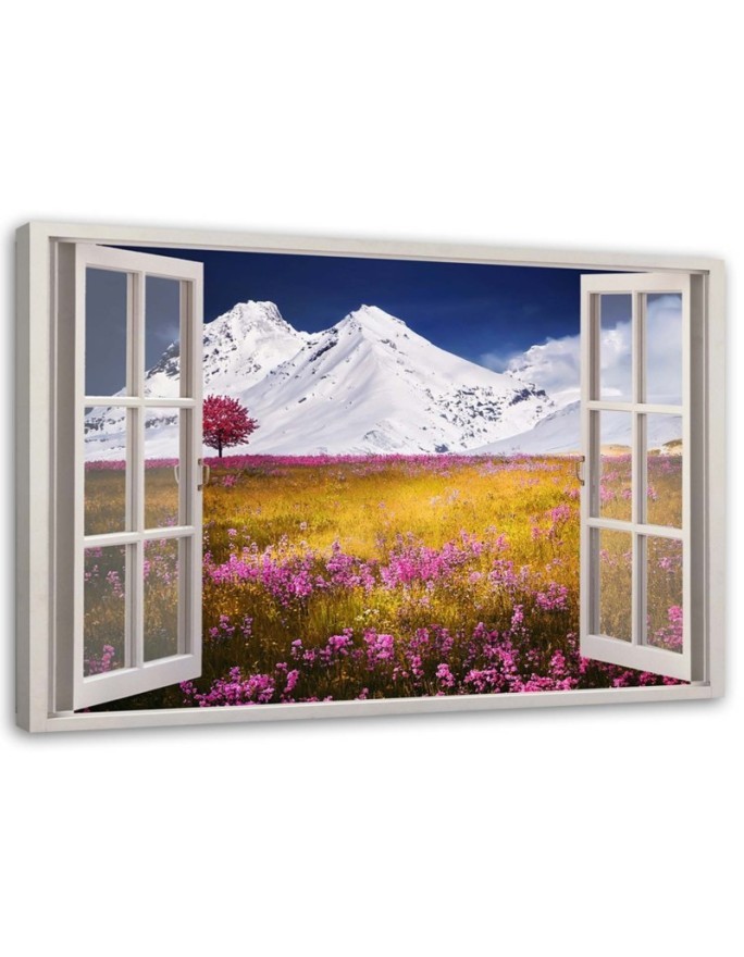 Wandbild für Wohnzimmer - Fenster - verschneite Berge | Feeby