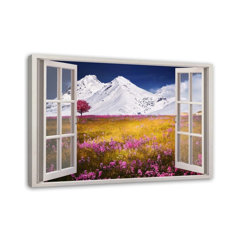 Wandbild für Wohnzimmer - Fenster - verschneite Berge | Feeby