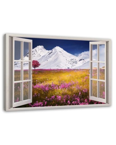 Wandbild für Wohnzimmer - Fenster - verschneite Berge | Feeby