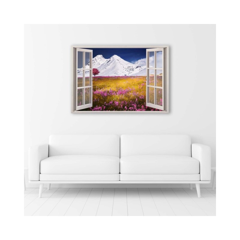 Wandbild für Wohnzimmer - Fenster - verschneite Berge | Feeby