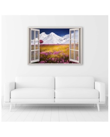 Wandbild für Wohnzimmer - Fenster - verschneite Berge | Feeby