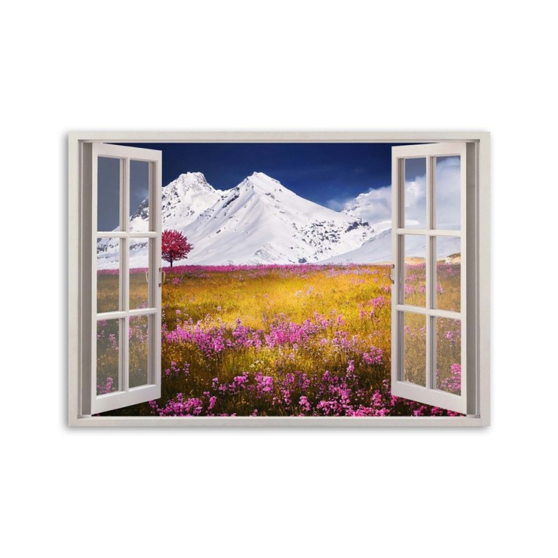 Wandbild für Wohnzimmer - Fenster - verschneite Berge | Feeby