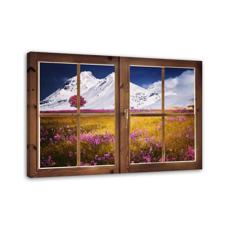 Leinwandbild - Fenster - Blick auf schneebedeckte Berge | Feeby