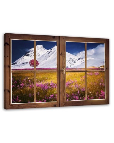Leinwandbild - Fenster - Blick auf schneebedeckte Berge | Feeby