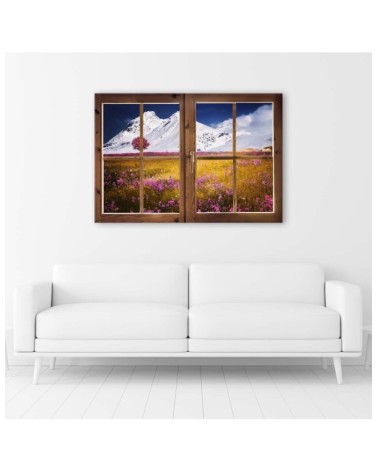 Leinwandbild - Fenster - Blick auf schneebedeckte Berge | Feeby