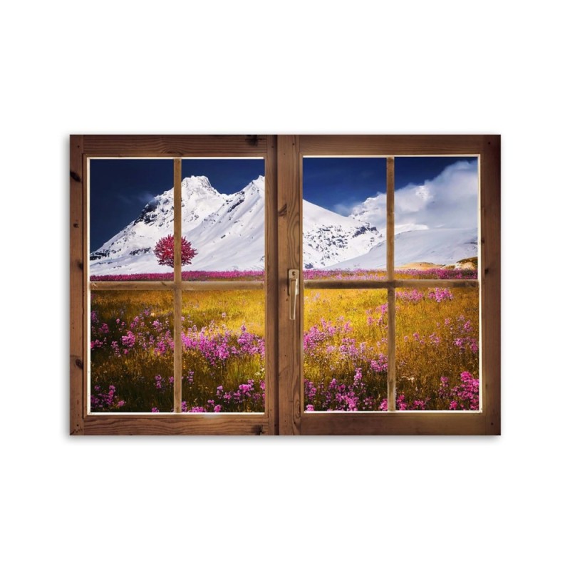 Leinwandbild - Fenster - Blick auf schneebedeckte Berge | Feeby