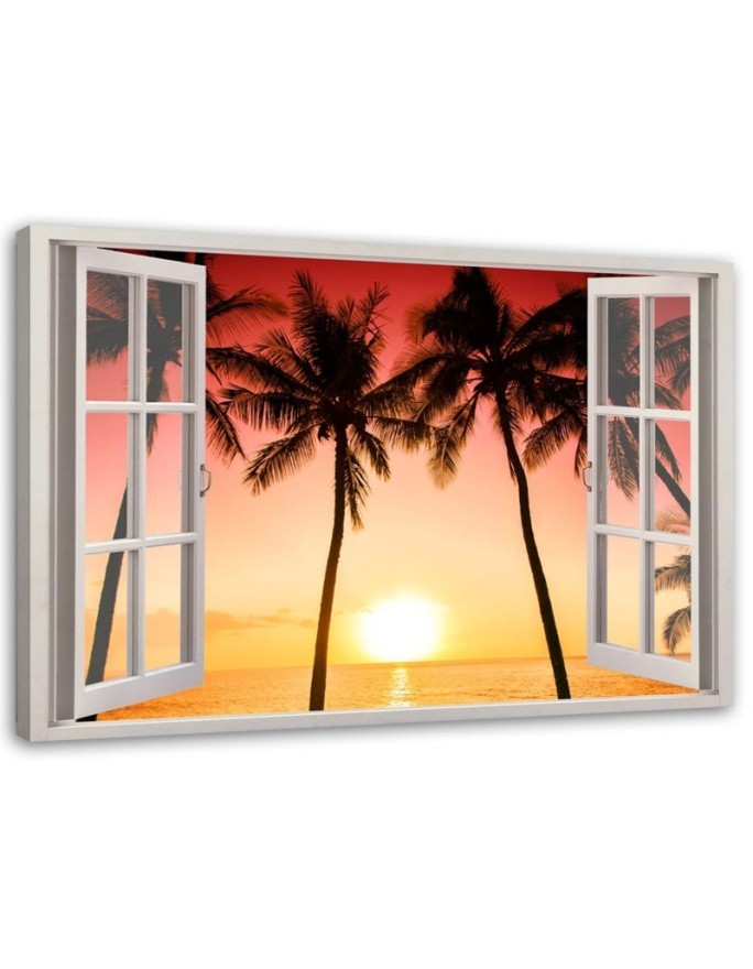 Modernes Wandbild - Fenster - Sonne und Palmen | Feeby