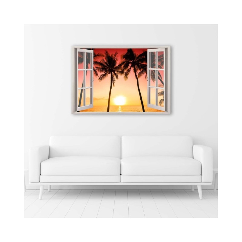 Modernes Wandbild - Fenster - Sonne und Palmen | Feeby
