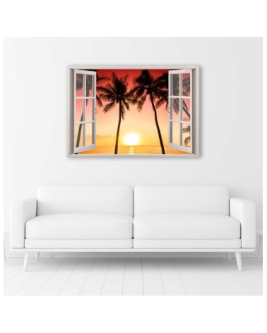 Modernes Wandbild - Fenster - Sonne und Palmen | Feeby